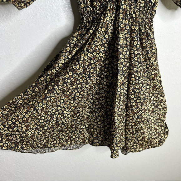 MATTEAU 100% Organic Cotton Neutral Floral Puff Sleeve V - Neck Mini Dress