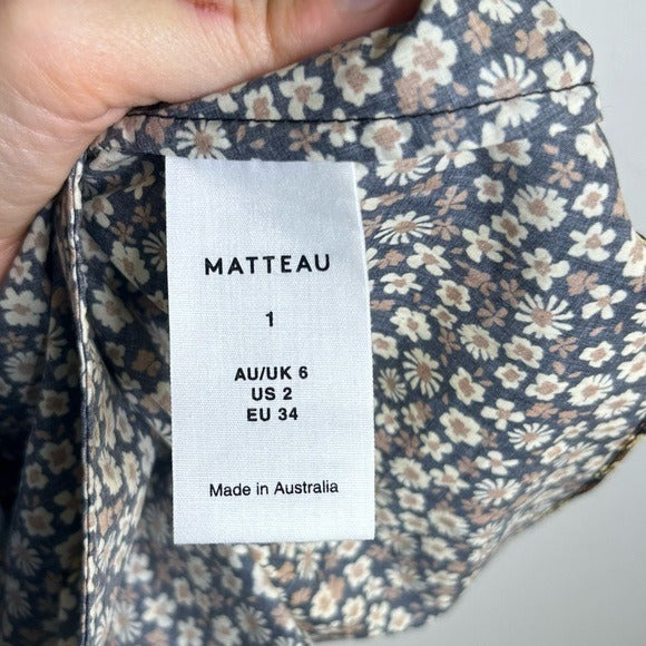 MATTEAU 100% Organic Cotton Neutral Floral Puff Sleeve V - Neck Mini Dress