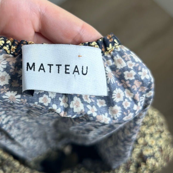 MATTEAU 100% Organic Cotton Neutral Floral Puff Sleeve V - Neck Mini Dress