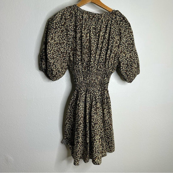 Matteau MATTEAU 100% Organic Cotton Neutral Floral Puff Sleeve V - Neck Mini Dress - Cotton