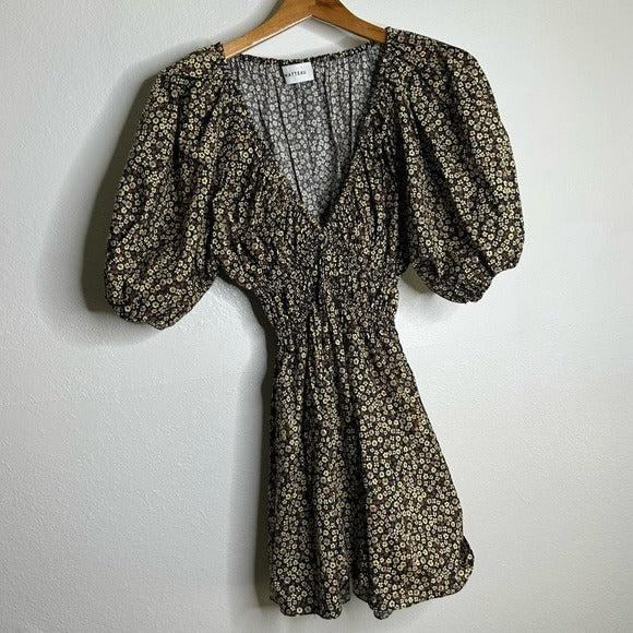 Matteau MATTEAU 100% Organic Cotton Neutral Floral Puff Sleeve V - Neck Mini Dress - Cotton