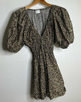 MATTEAU 100% Organic Cotton Neutral Floral Puff Sleeve V - Neck Mini Dress