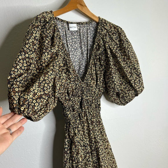 Matteau MATTEAU 100% Organic Cotton Neutral Floral Puff Sleeve V - Neck Mini Dress - Cotton