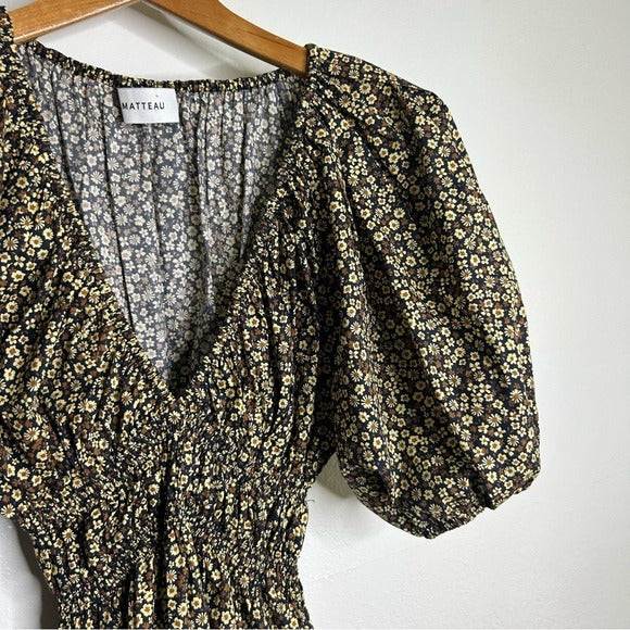 Matteau MATTEAU 100% Organic Cotton Neutral Floral Puff Sleeve V - Neck Mini Dress - Cotton