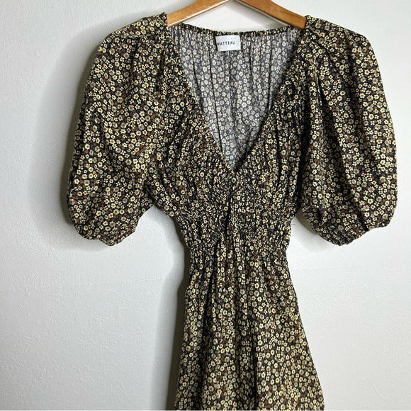 MATTEAU 100% Organic Cotton Neutral Floral Puff Sleeve V - Neck Mini Dress