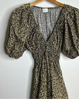 MATTEAU 100% Organic Cotton Neutral Floral Puff Sleeve V - Neck Mini Dress