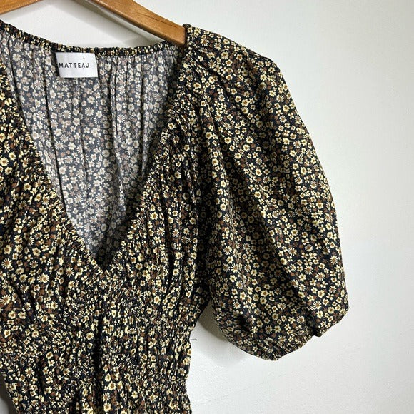 MATTEAU 100% Organic Cotton Neutral Floral Puff Sleeve V - Neck Mini Dress