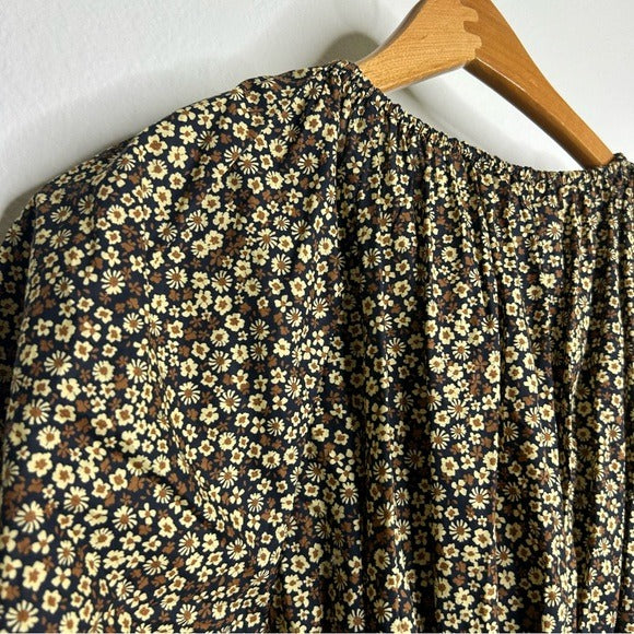 MATTEAU 100% Organic Cotton Neutral Floral Puff Sleeve V - Neck Mini Dress