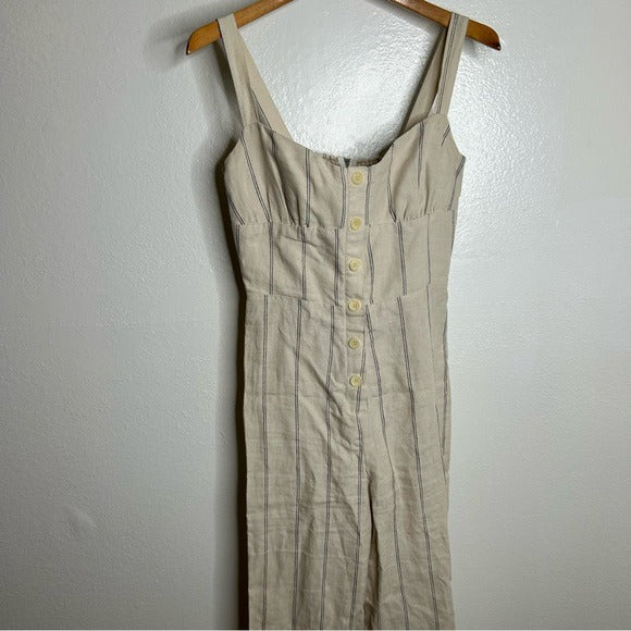 Reformation 100% Linen Tan Striped Smocked Tailored Jumpsuit