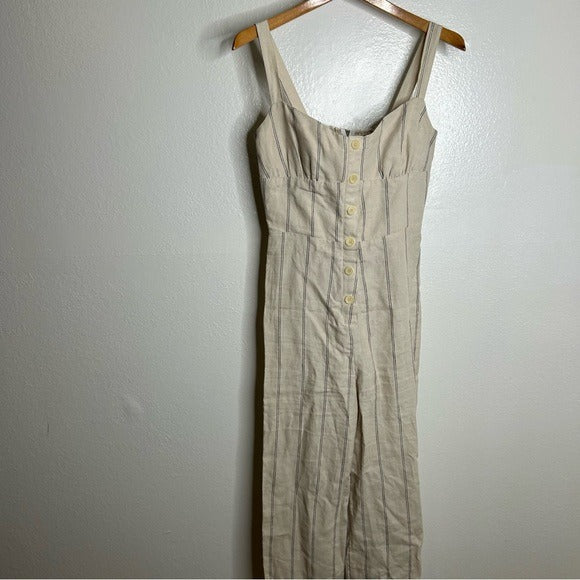 Reformation 100% Linen Tan Striped Smocked Tailored Jumpsuit