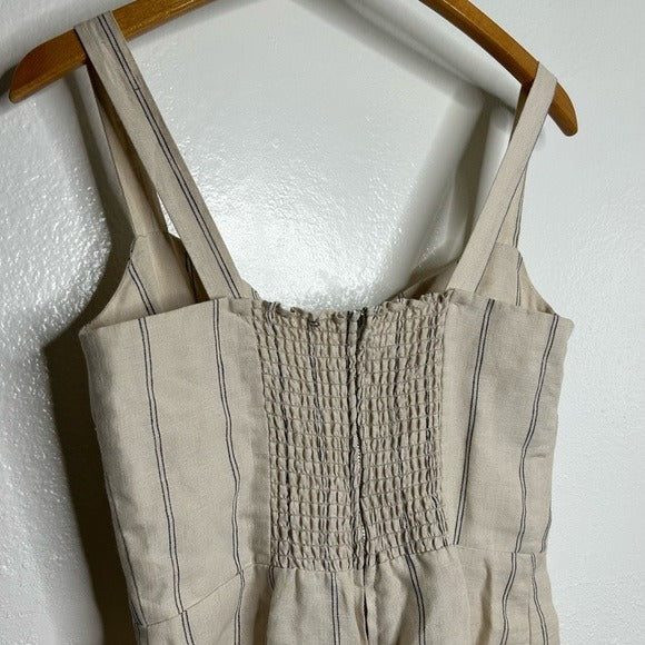 Reformation 100% Linen Tan Striped Smocked Tailored Jumpsuit