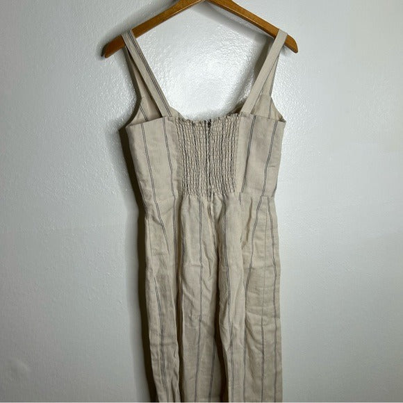 Reformation 100% Linen Tan Striped Smocked Tailored Jumpsuit