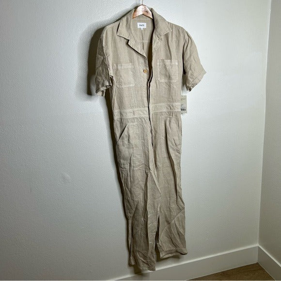 MATE the Label MATE 100% Organic Linen Utility Style Short Sleeve Jumpsuit in Natural - Linen