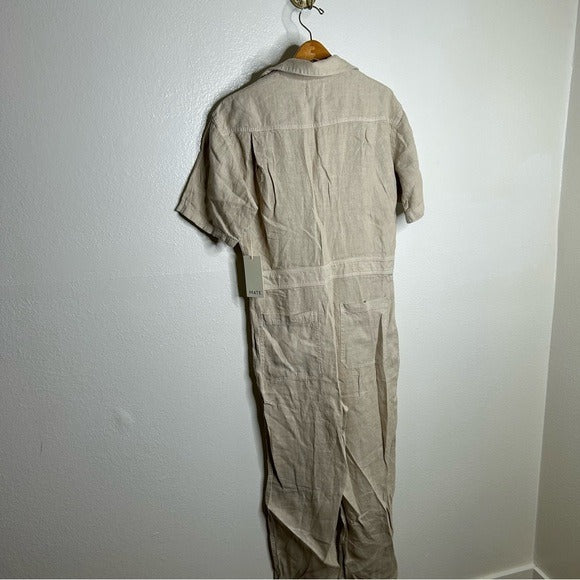 MATE the Label MATE 100% Organic Linen Utility Style Short Sleeve Jumpsuit in Natural - Linen