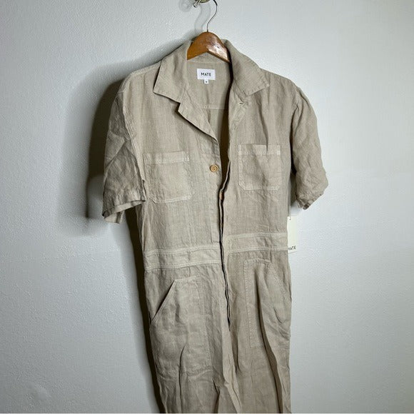 MATE the Label MATE 100% Organic Linen Utility Style Short Sleeve Jumpsuit in Natural - Linen