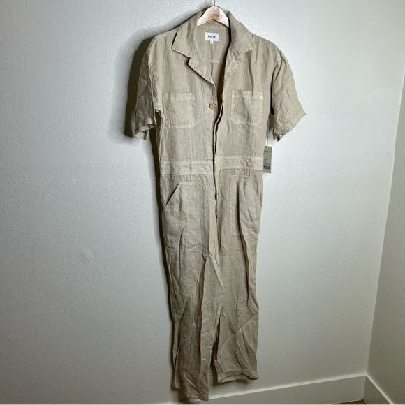 MATE the Label MATE 100% Organic Linen Utility Style Short Sleeve Jumpsuit in Natural - Linen