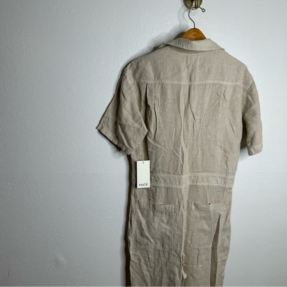 MATE the Label MATE 100% Organic Linen Utility Style Short Sleeve Jumpsuit in Natural - Linen
