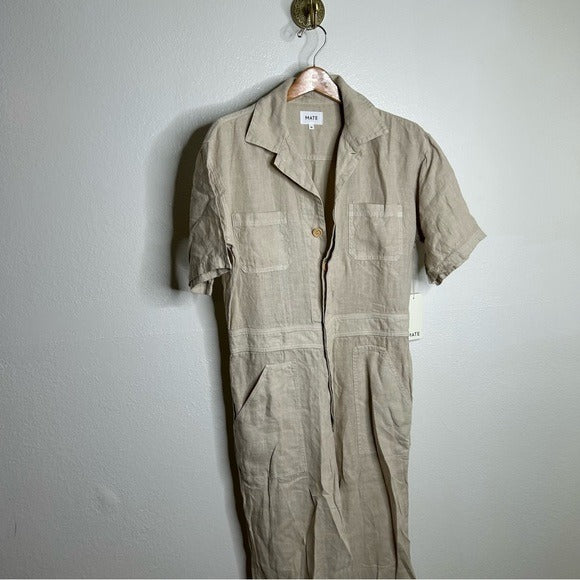 MATE 100% Organic Linen Utility Style Short Sleeve Jumpsuit in Natural