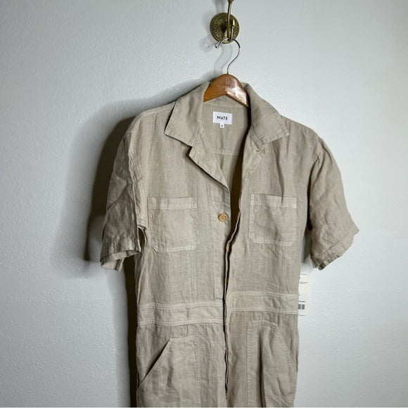 MATE the Label MATE 100% Organic Linen Utility Style Short Sleeve Jumpsuit in Natural - Linen