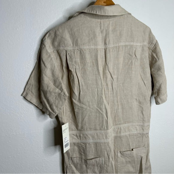 MATE 100% Organic Linen Utility Style Short Sleeve Jumpsuit in Natural