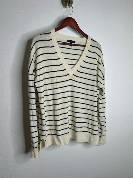 J. Crew J. Crew Merino Wool Cotton Striped Cream Navy Lightweight V - Neck Sweater - Merino Wool