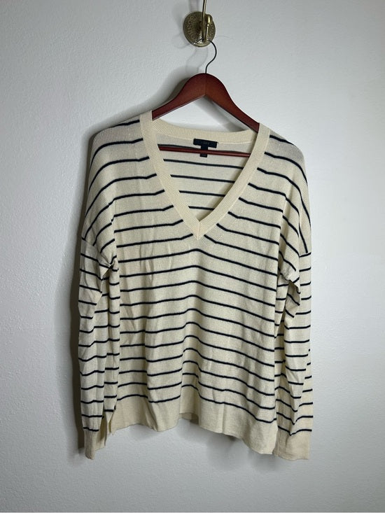 J. Crew J. Crew Merino Wool Cotton Striped Cream Navy Lightweight V - Neck Sweater - Merino Wool