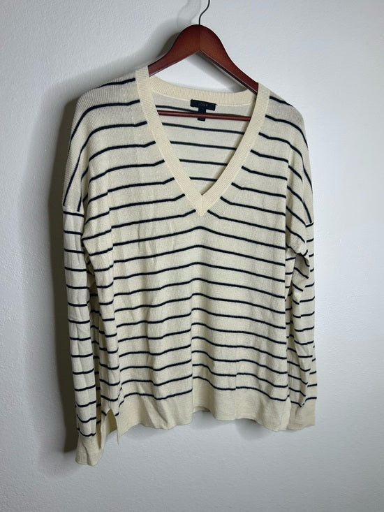 J. Crew J. Crew Merino Wool Cotton Striped Cream Navy Lightweight V - Neck Sweater - Merino Wool