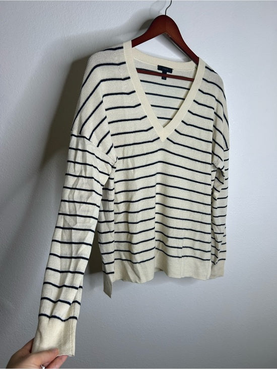 J. Crew J. Crew Merino Wool Cotton Striped Cream Navy Lightweight V - Neck Sweater - Merino Wool