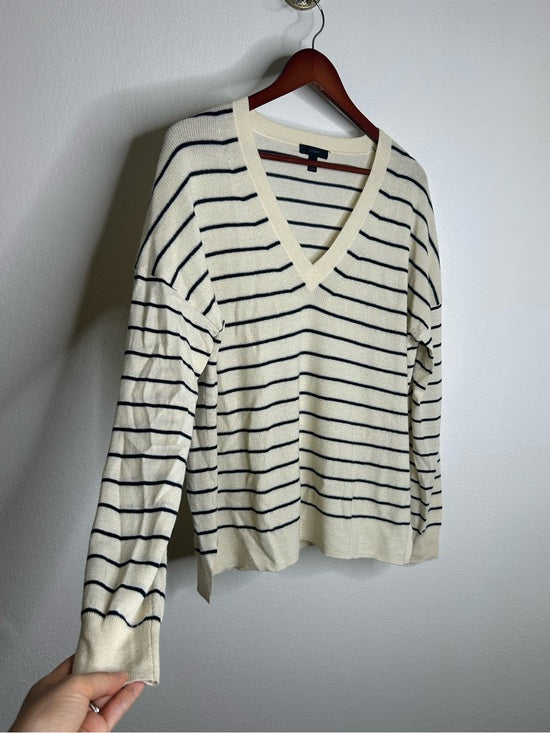 J. Crew J. Crew Merino Wool Cotton Striped Cream Navy Lightweight V - Neck Sweater - Merino Wool