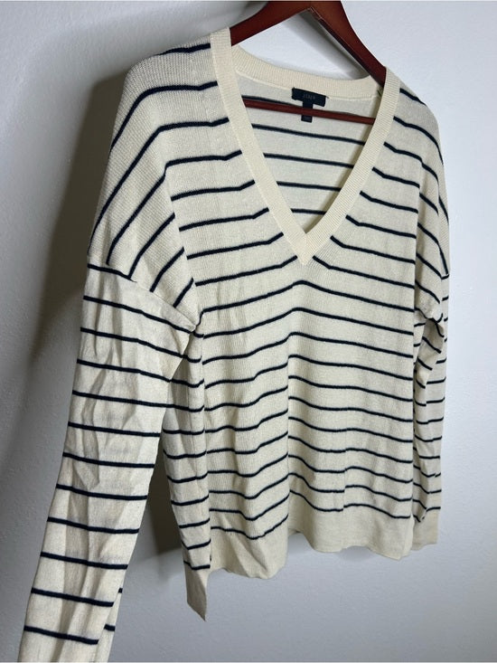 J. Crew J. Crew Merino Wool Cotton Striped Cream Navy Lightweight V - Neck Sweater - Merino Wool