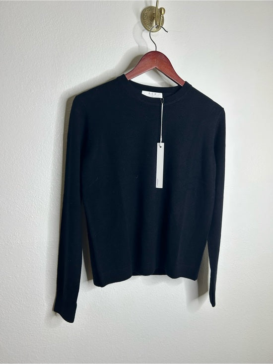 One Grey Day 100% Merino Wool Fine Knit Black Crew Neck Pullover Sweater