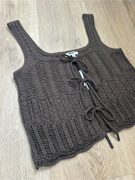 Madewell 100% Cotton Pointelle-Stitch Tie-Front Sweater Tank in Dark Brown