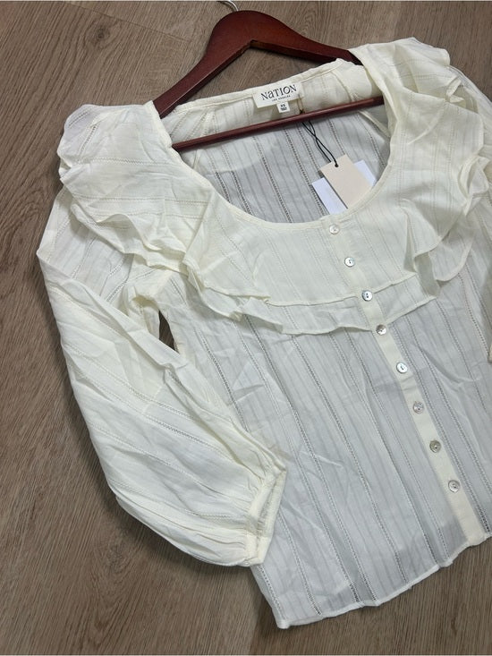 Nation LA 100% Cotton Sandra Ruffle Lightweight Peasant Blouse in Cream