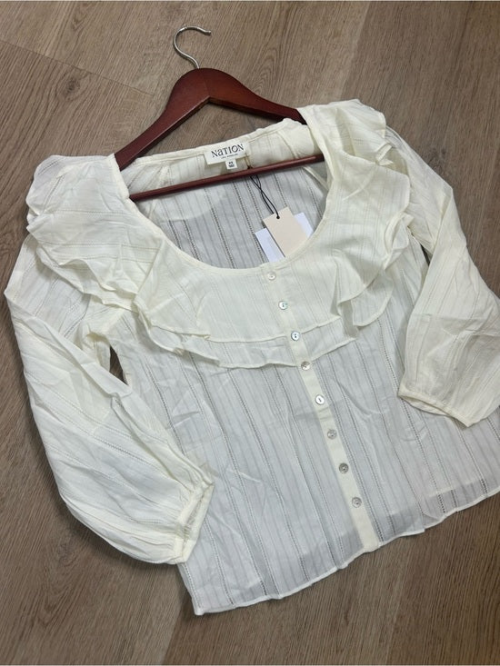 Nation LA 100% Cotton Sandra Ruffle Lightweight Peasant Blouse in Cream
