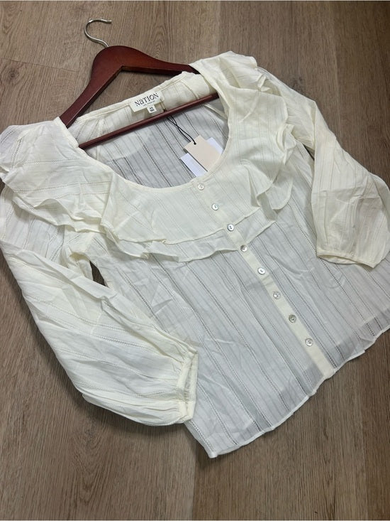 Nation LA 100% Cotton Sandra Ruffle Lightweight Peasant Blouse in Cream