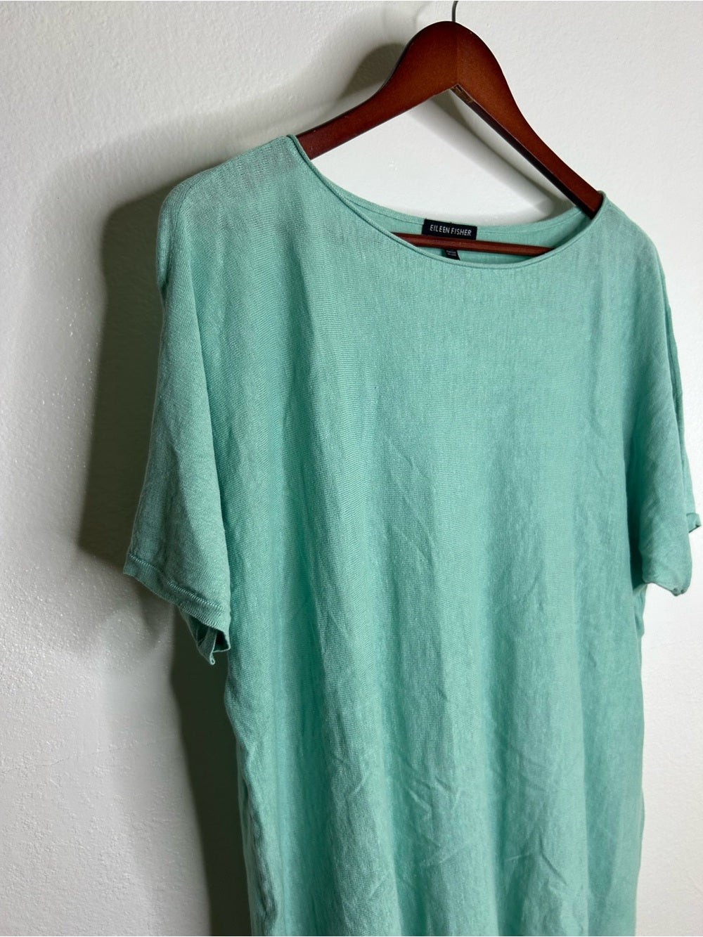 Eileen Fisher Organic Linen Cotton Teal Blue Short Sleeve Knit Top