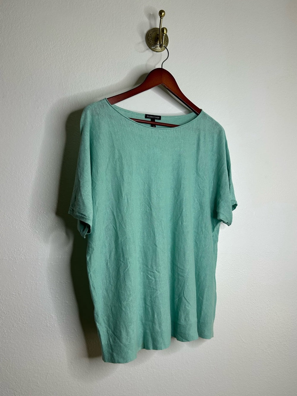 Eileen Fisher Organic Linen Cotton Teal Blue Short Sleeve Knit Top