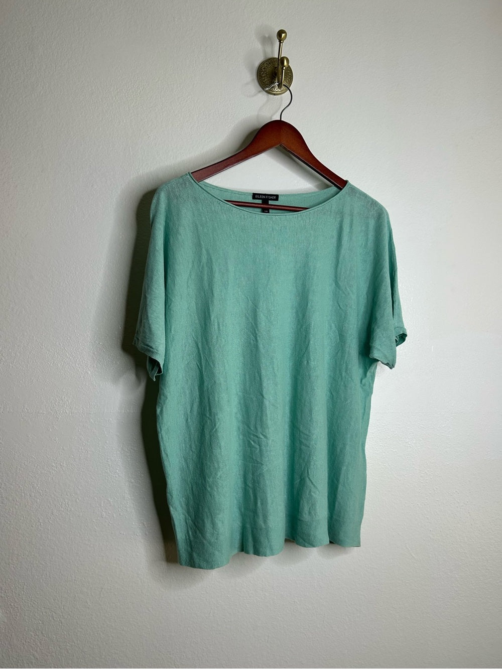 Eileen Fisher Eileen Fisher Organic Linen Cotton Teal Blue Short Sleeve Knit Top - Linen, Cotton