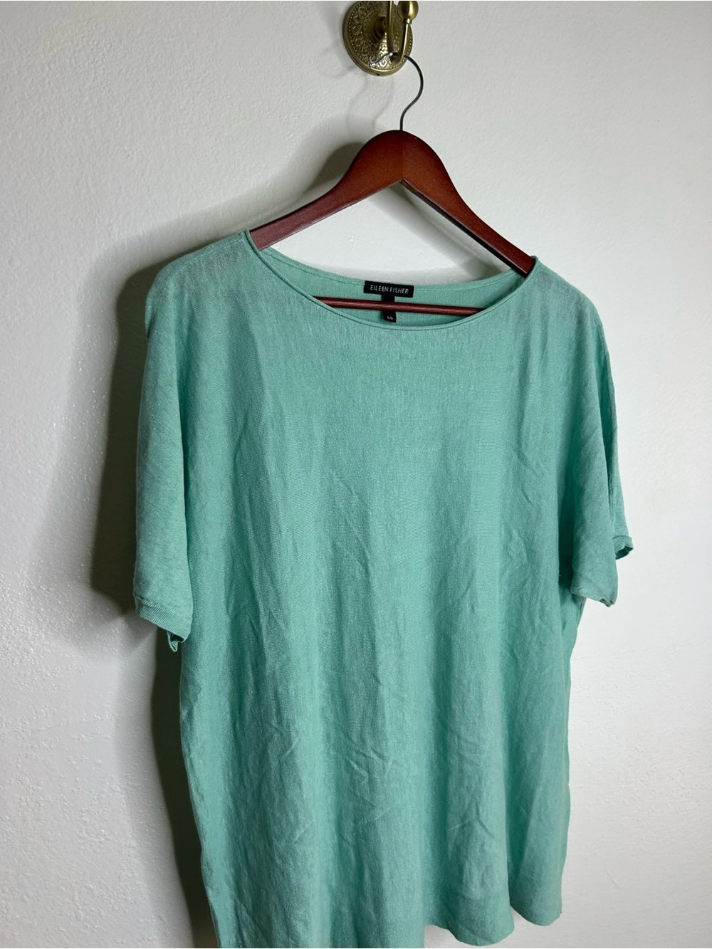Eileen Fisher Eileen Fisher Organic Linen Cotton Teal Blue Short Sleeve Knit Top - Linen, Cotton