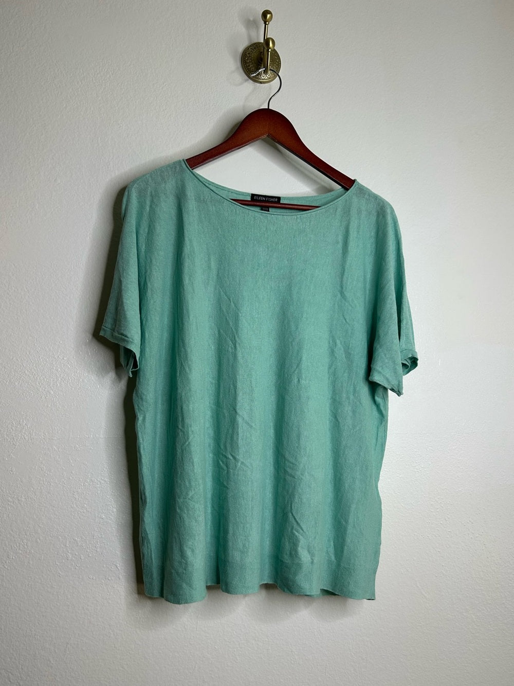 Eileen Fisher Organic Linen Cotton Teal Blue Short Sleeve Knit Top