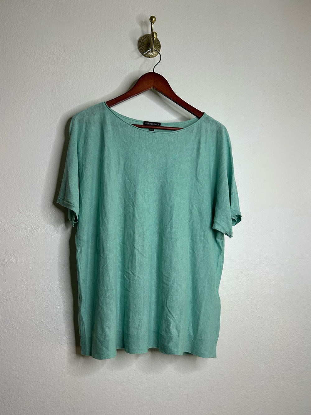 Eileen Fisher Organic Linen Cotton Teal Blue Short Sleeve Knit Top