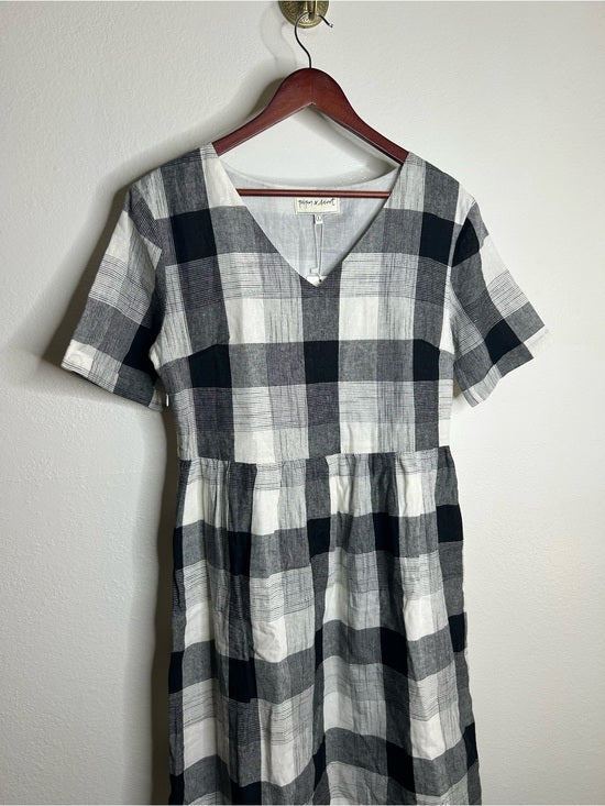 Piper &amp;amp; Scoot Piper &amp;amp; Scoot Hemp Cotton Black White Checkered Midi Dress Short Sleeve - Cotton, Hemp