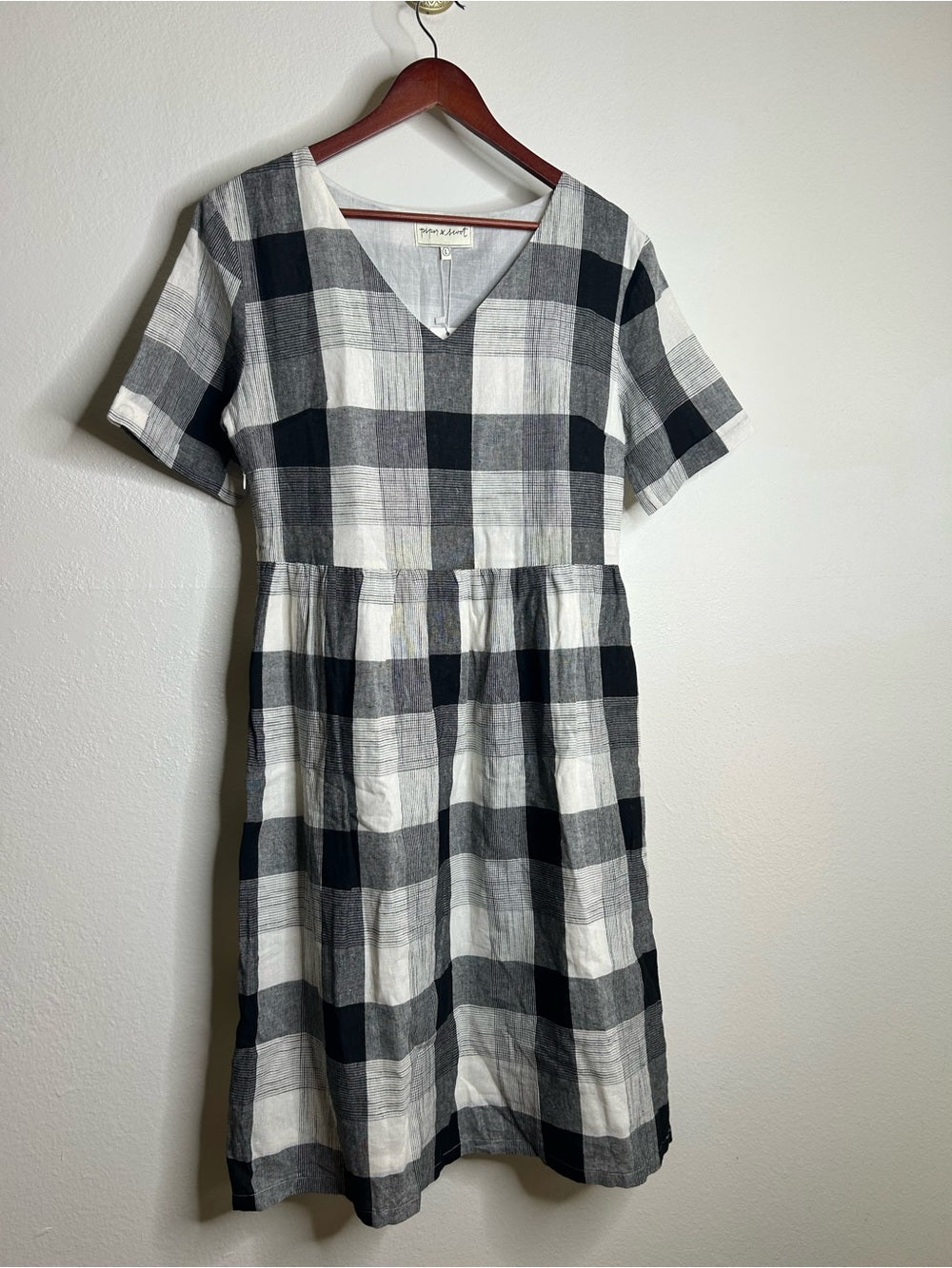 Piper &amp;amp; Scoot Piper &amp;amp; Scoot Hemp Cotton Black White Checkered Midi Dress Short Sleeve - Cotton, Hemp