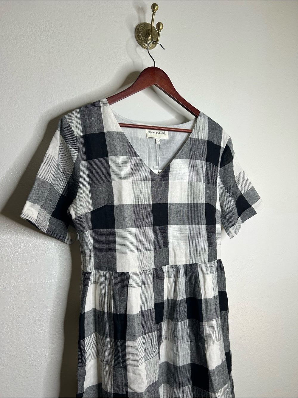 Piper &amp; Scoot Hemp Cotton Black White Checkered Midi Dress Short Sleeve