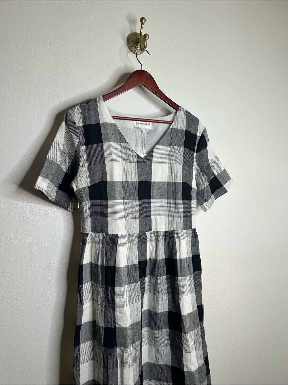 Piper &amp;amp; Scoot Piper &amp;amp; Scoot Hemp Cotton Black White Checkered Midi Dress Short Sleeve - Cotton, Hemp