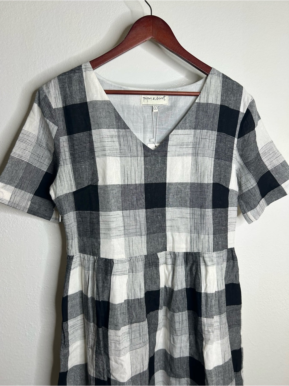 Piper &amp;amp; Scoot Piper &amp;amp; Scoot Hemp Cotton Black White Checkered Midi Dress Short Sleeve - Cotton, Hemp