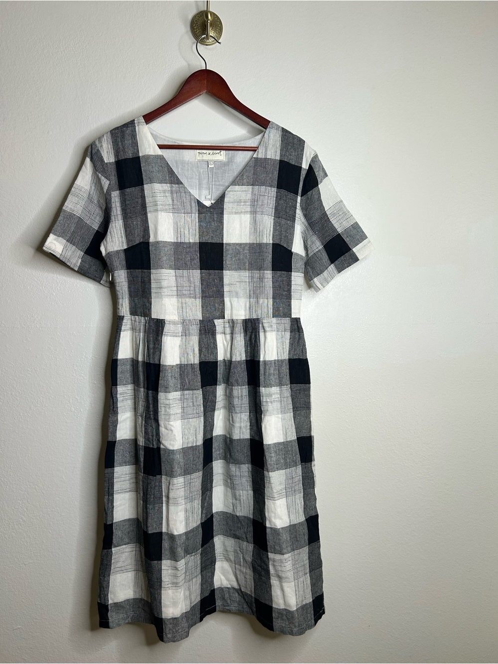 Piper &amp;amp; Scoot Piper &amp;amp; Scoot Hemp Cotton Black White Checkered Midi Dress Short Sleeve - Cotton, Hemp