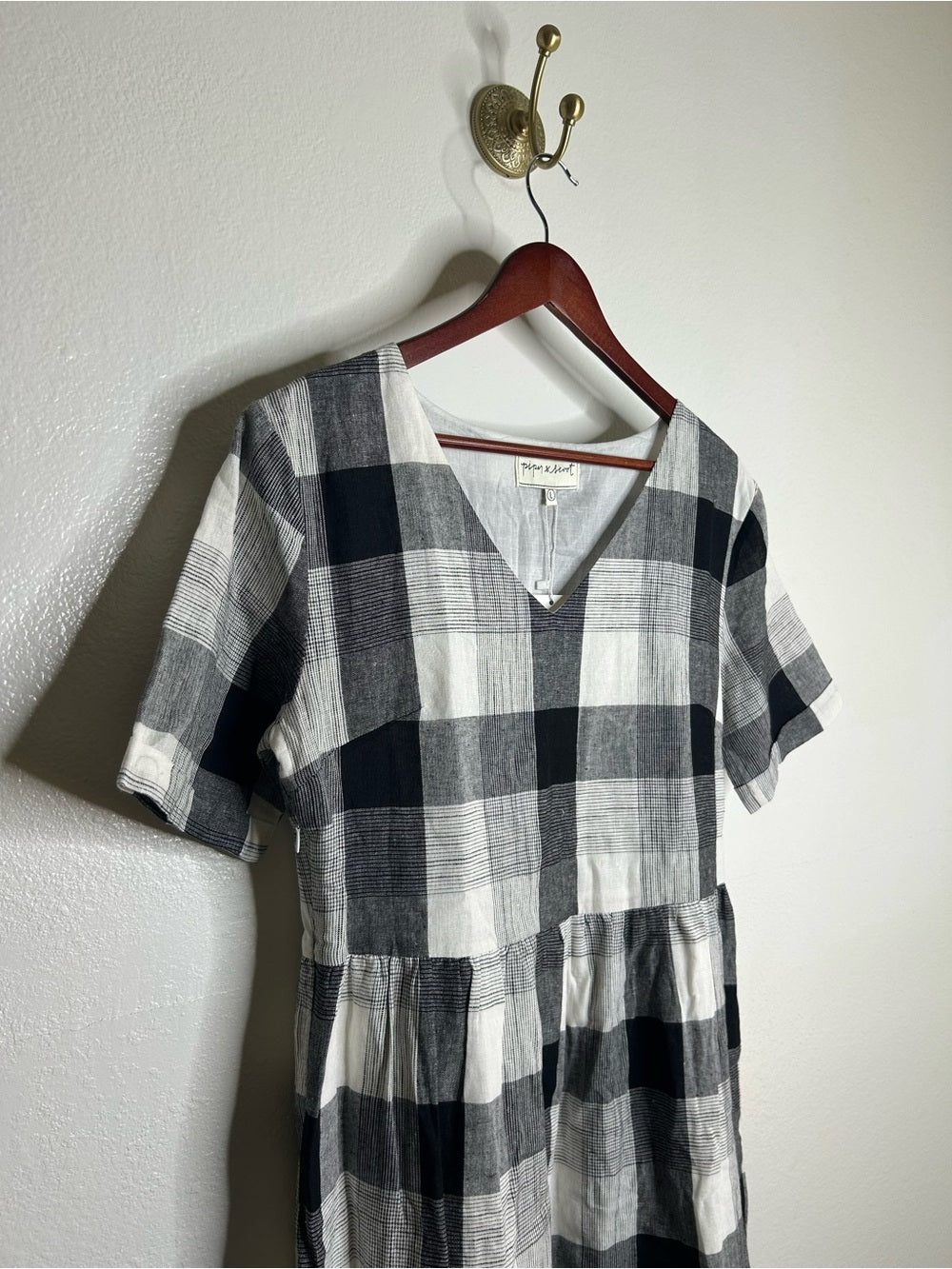 Piper &amp; Scoot Hemp Cotton Black White Checkered Midi Dress Short Sleeve