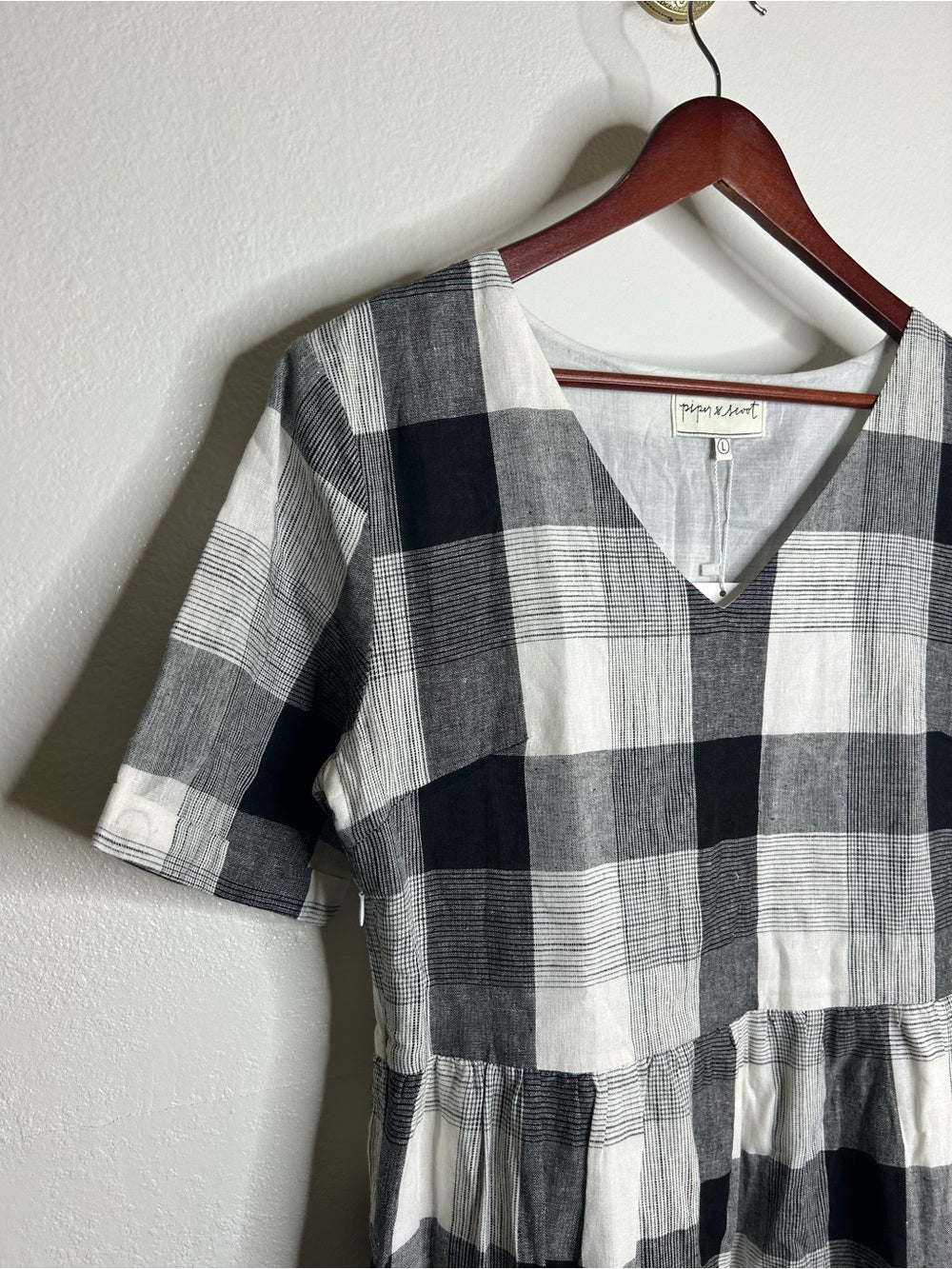 Piper &amp; Scoot Hemp Cotton Black White Checkered Midi Dress Short Sleeve