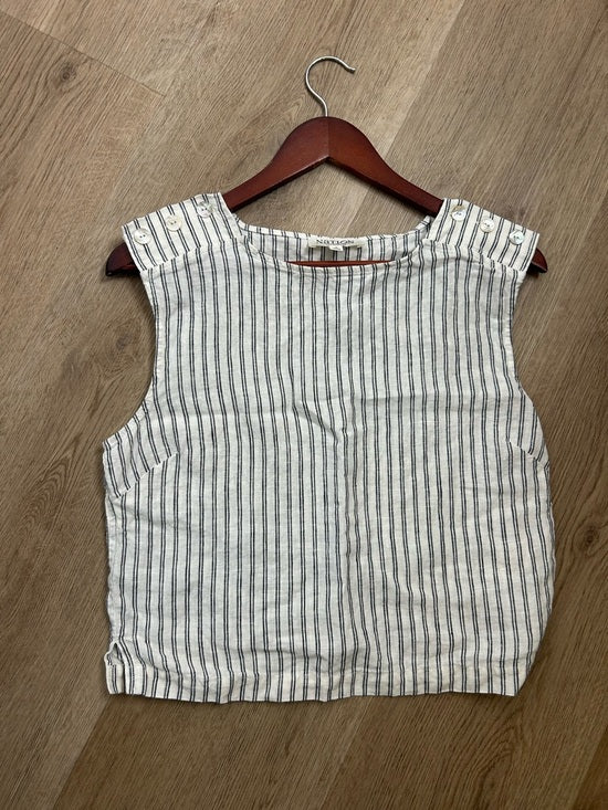 Nation LTD Nation LA 100% Linen White Blue Striped Cropped Tank Top Shell Button Detail - Linen